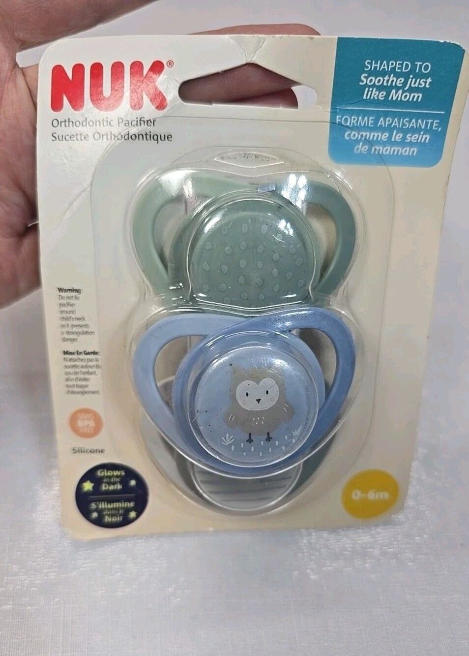 NUK Orthodontic Pacifier 3 PACK Glow In The Dark 0-6 Months Owl Blue Green